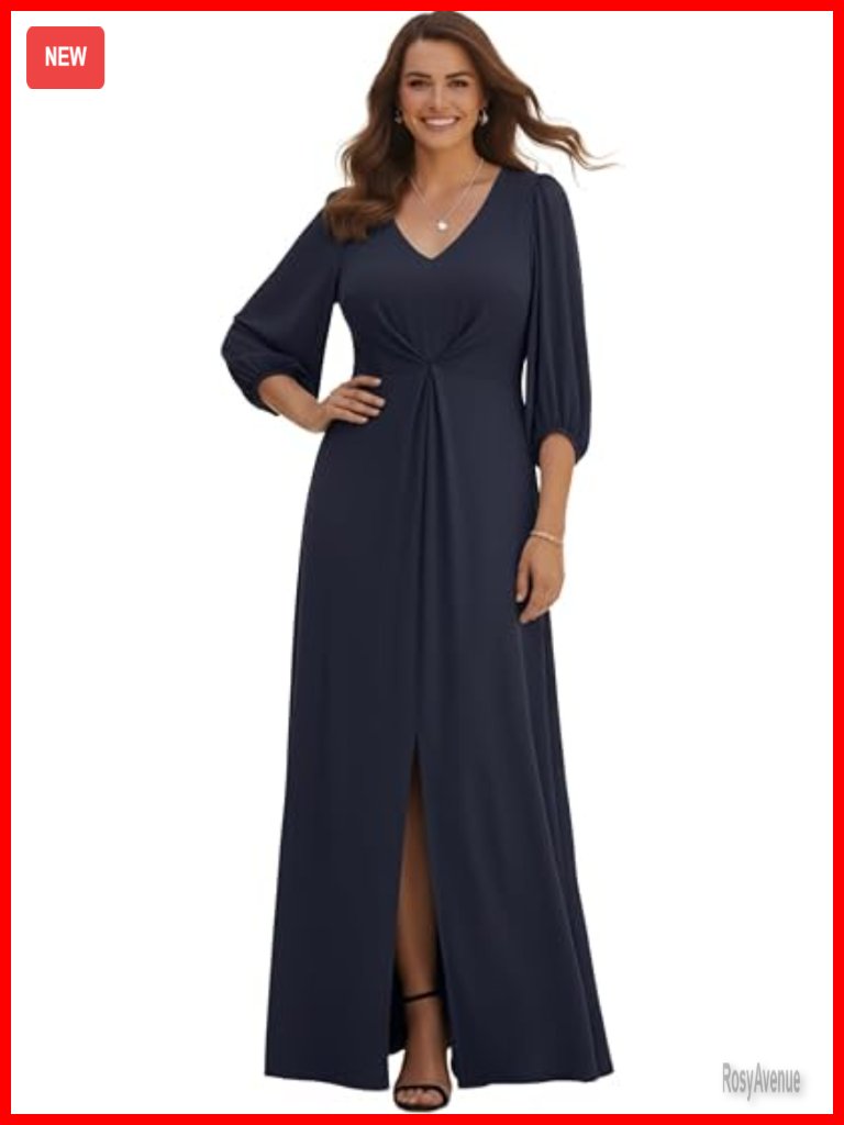 Long Pleated Bishop 3/4 Sleeve V-Neck Modest Slit Maxi Dress